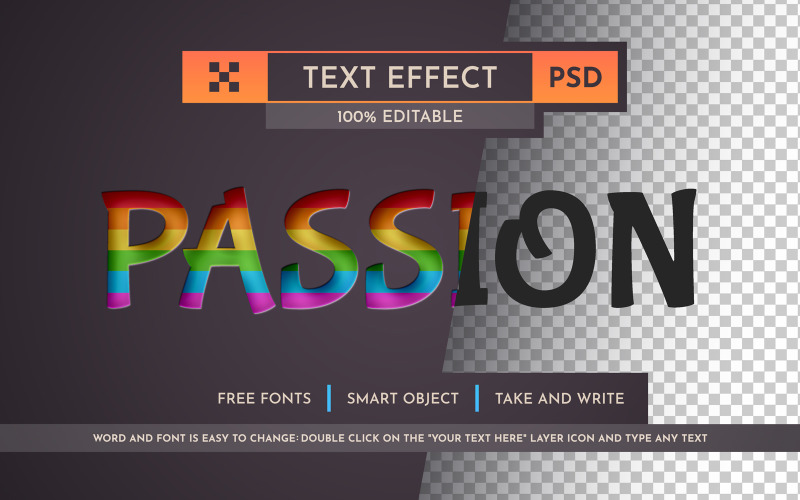 Passion - текстовий ефект, стиль шрифту, який можна редагувати. Макет растрового логотипу компанії. Adobe Photoshop.