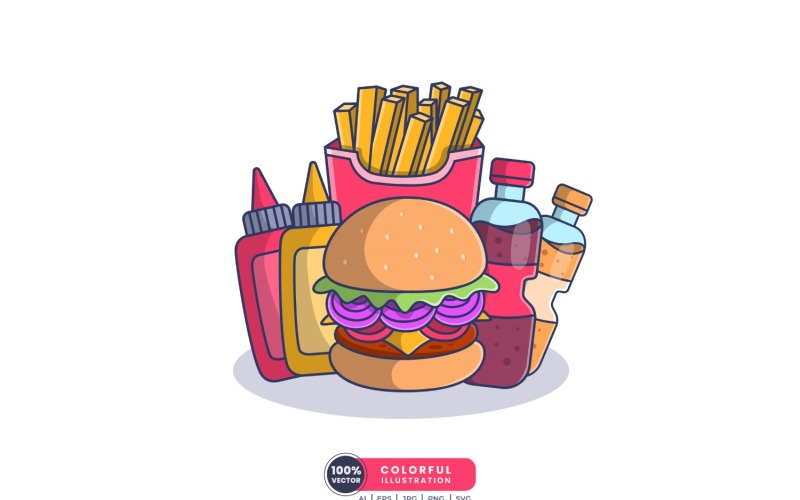 Hamburger e patatine fritte con illustrazione di soda