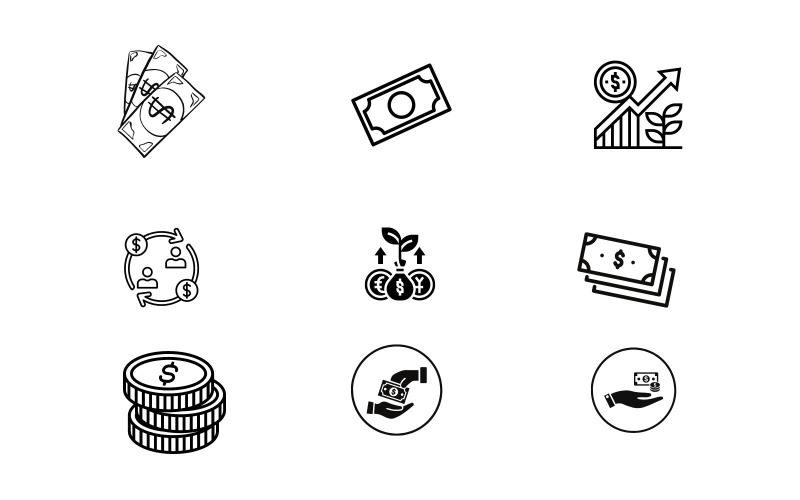 金融货币线图标或货币相关向量集
