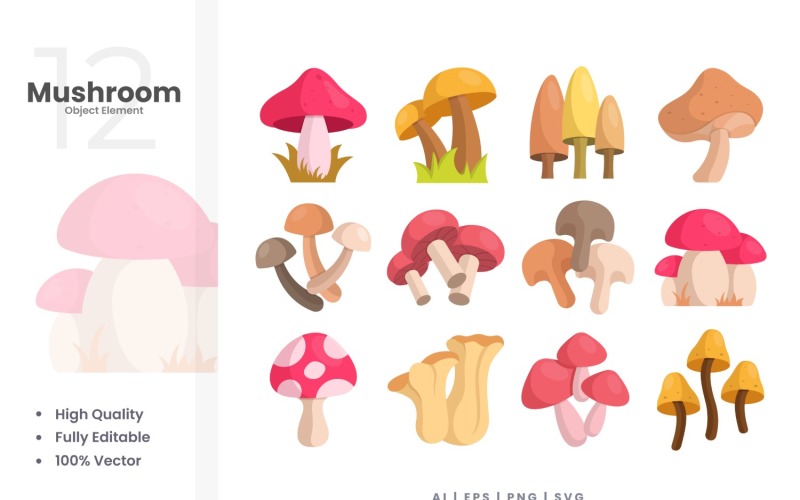 Set di 12 elementi vettoriali di funghi