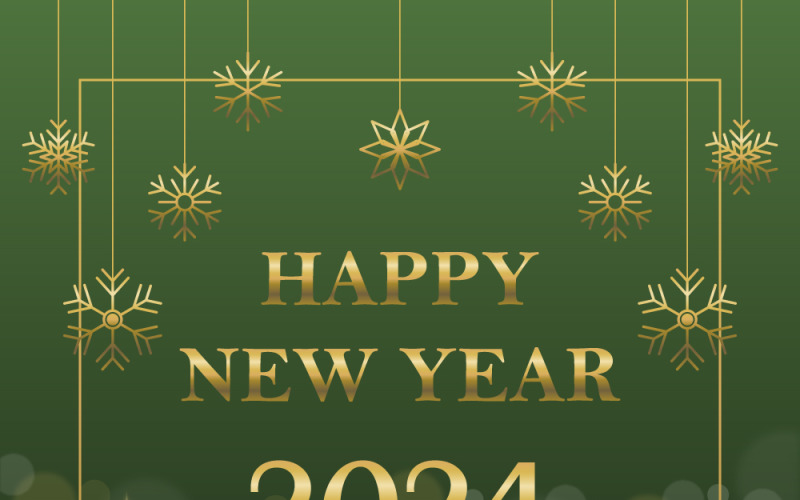 Banner gradiente verde de Ano Novo 2024 com flocos de neve e luz bokeh