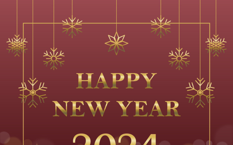 Nowy Rok 2024 czerwony transparent gradientowy z płatkami śniegu i światłem bokeh
