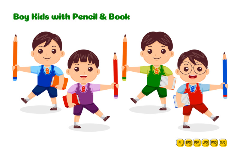 Boy Kids with Pencil and Book vector Pack #01