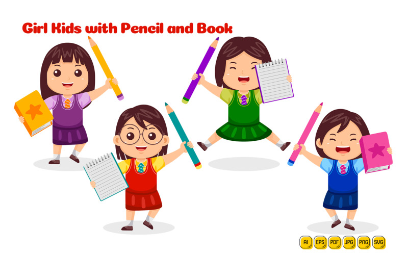 Menina, crianças, com, lápis, e, livro, vetorial, pacote #02