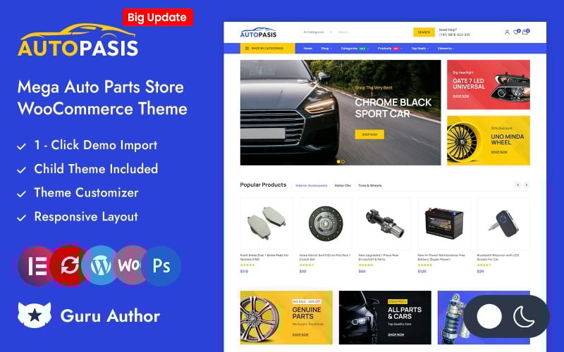Autopasis - 汽车、汽车零部件和工具商店 Elementor WooCommerce 响应式主题