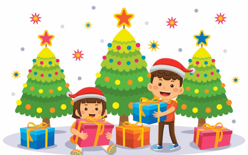 I bambini ricevono l'illustrazione vettoriale dei regali di Natale