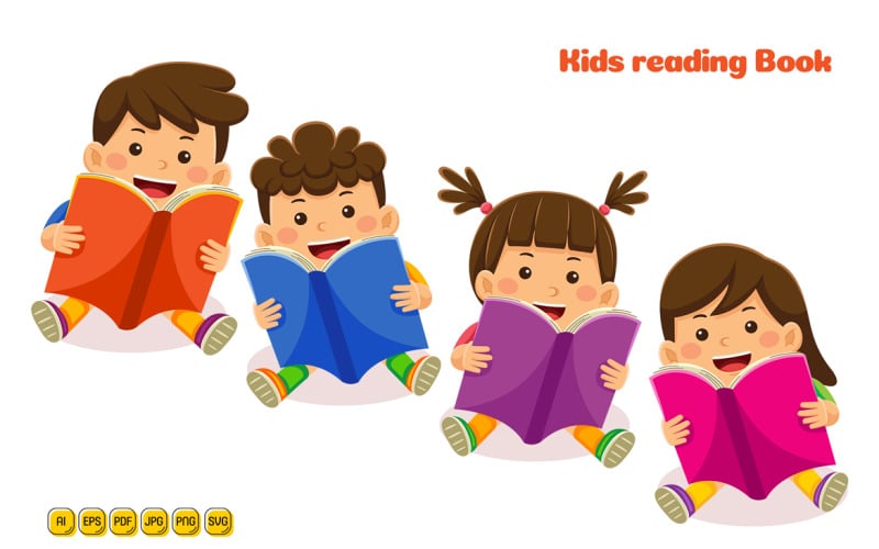 Enfants, lecture, livre, vecteur, illustration, 01