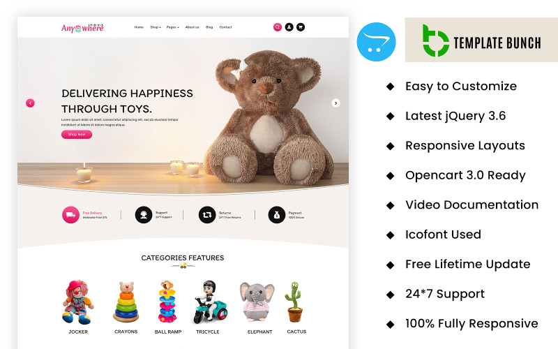 Anywhere - Temas e modelos de comércio eletrônico de brinquedos no opencart
