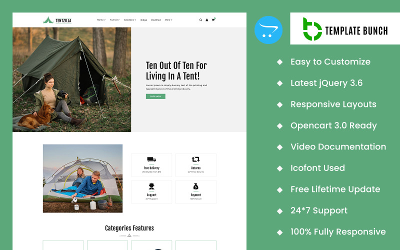 Tent Zilla — адаптивная тема Opencart для электронной коммерции