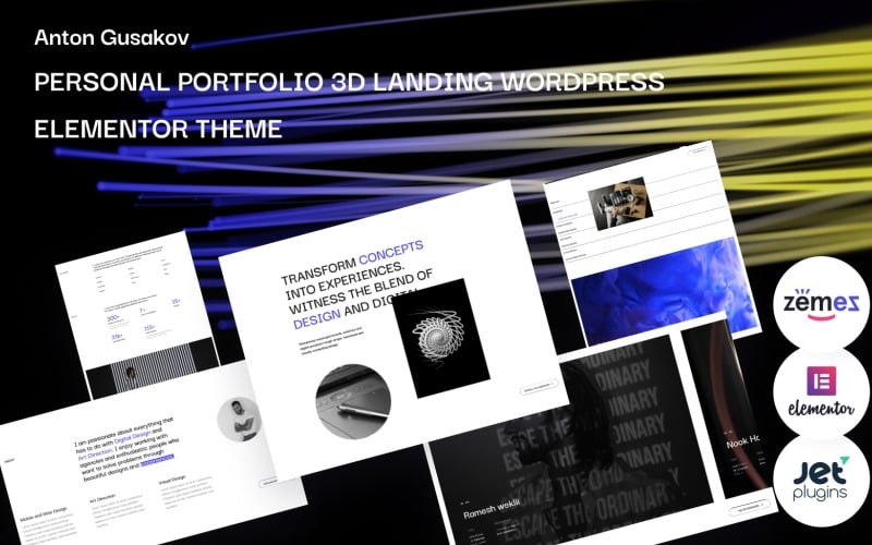 Anton Gusakov - 3D šablona pro landing a osobní portfolio pro kreativní prezentaci
