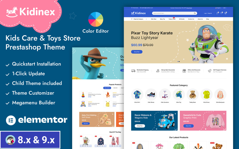 Kidinex – магазин товарів для дітей та іграшок, адаптивна тема Prestashop