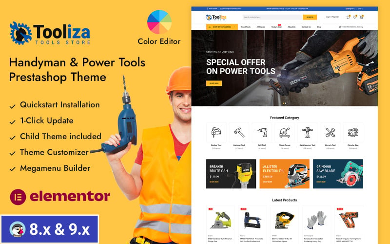 Tooliza — адаптивная тема Prestashop для магазина разнорабочих и электроинструментов