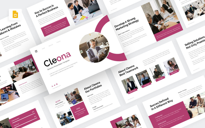 Cleona — czysty biznesowy szablon prezentacji Google