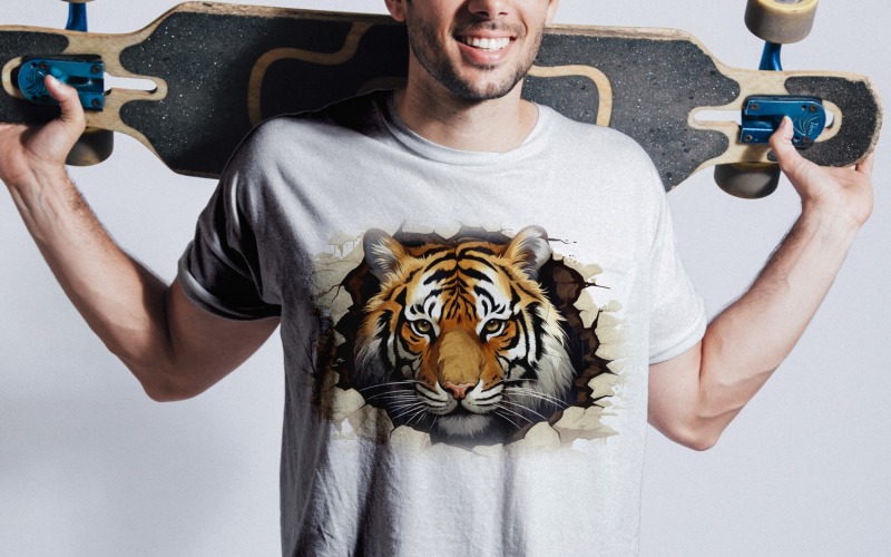 Tiger lustiger Tierkopf, der auf weißem Hintergrund späht 1