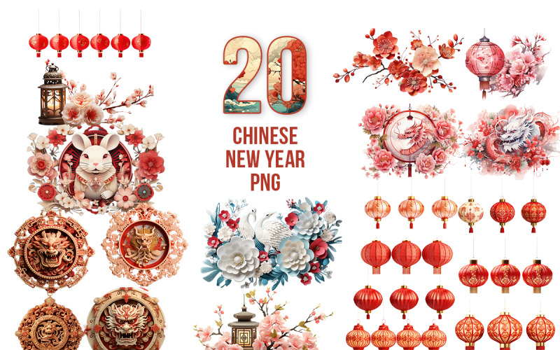Joyeux nouvel an chinois éléments dragon, lanterne et fleurs fond transparent