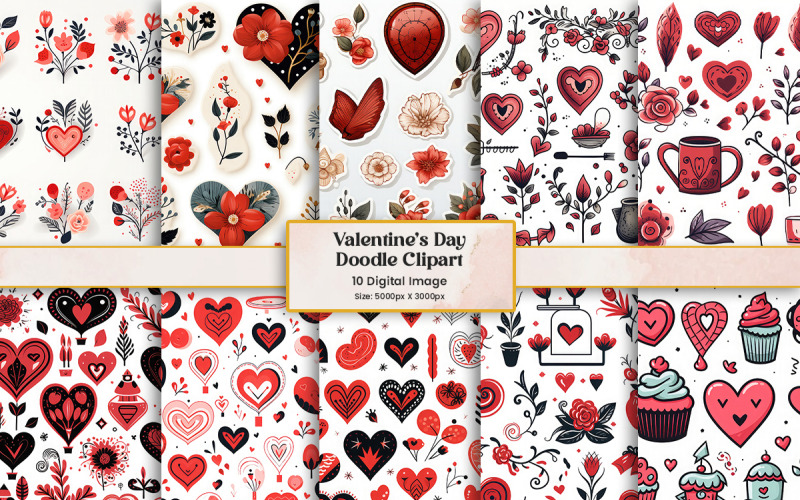 Conjunto de clipart de adesivo de amor de coração doodle de dia dos namorados