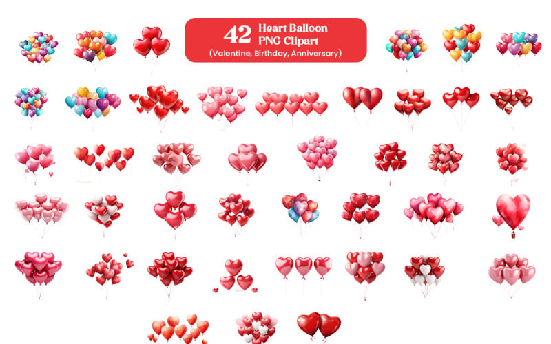Sevgililer günü kırmızı ve pembe kalp şekli balon dekorasyon şeffaf arka plan seti