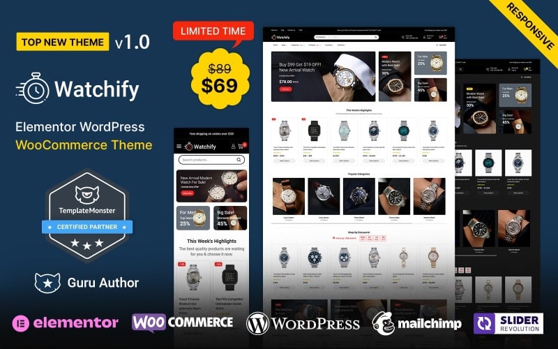 Watchify - магазин годинників і ювелірних виробів, тема Elementor Woocommerce