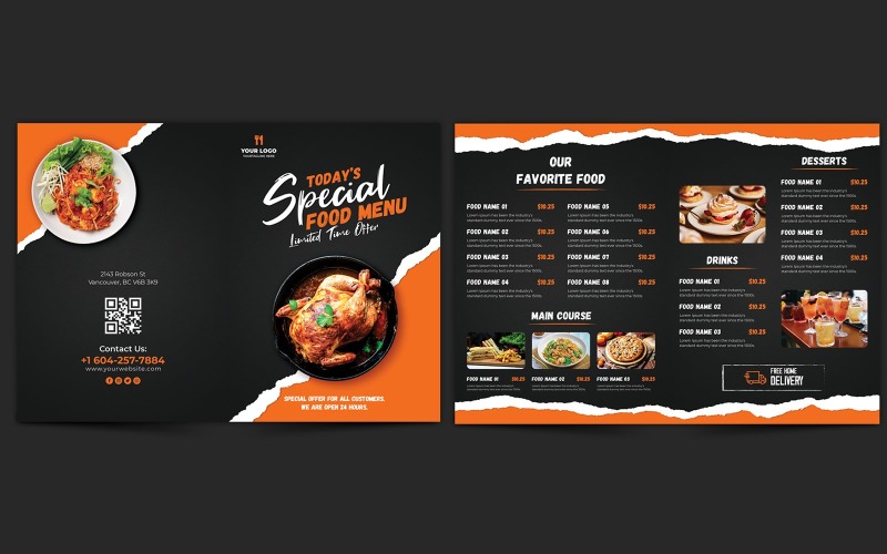 Voedselmenu en restaurant tweevoudige brochuresjabloon