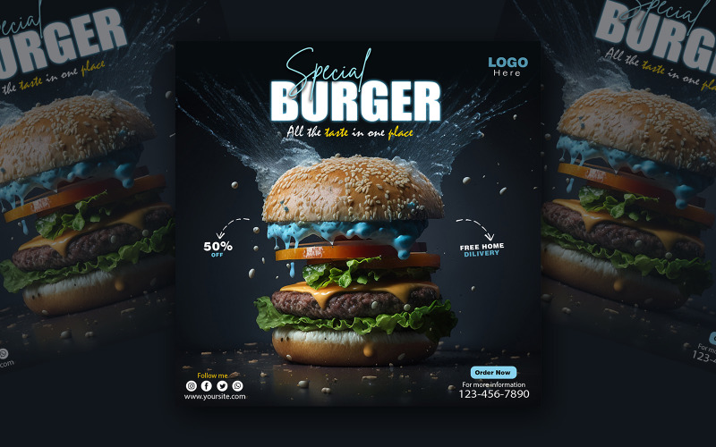Modello di post sui social media per hamburger e cibo