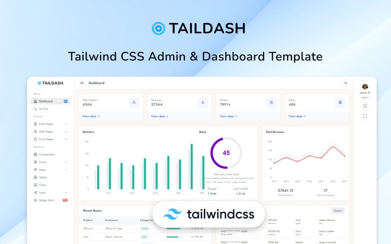 TailDash - Modèle HTML d'administration et de tableau de bord CSS Tailwind