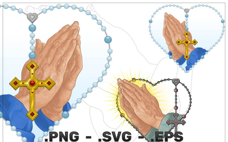 Desenho vetorial de mãos orando com rosário em forma de coração
