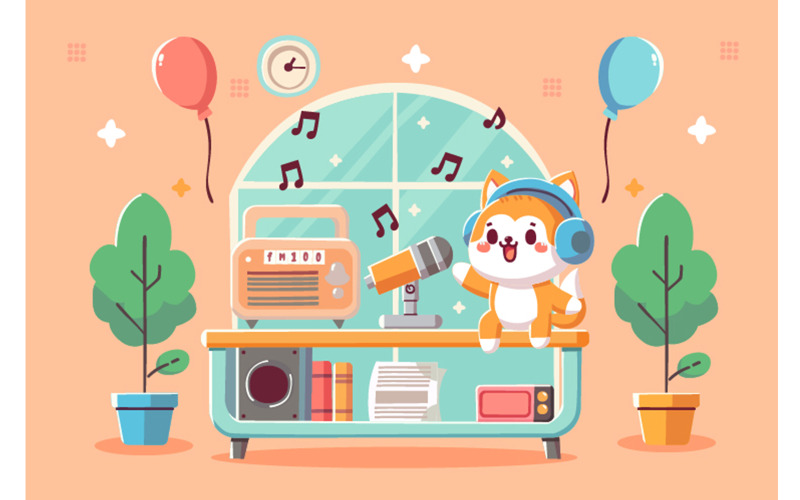 Vektor World Radio Day med en kattkaraktärillustration