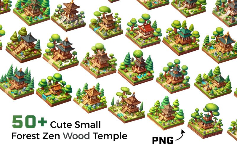 Mais de 50 pacotes de ilustrações de templos de madeira zen de floresta pequena e fofa.