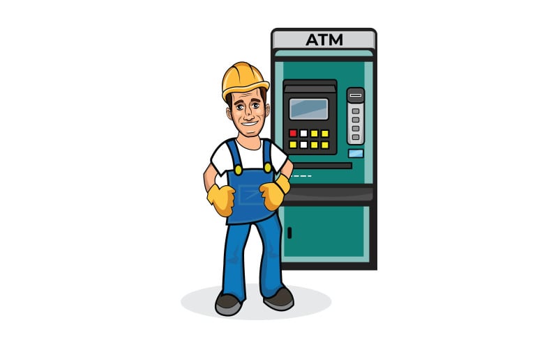 ATM makinesi illüstrasyonunun yanında duran adam müşteri