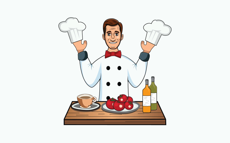 Happy cartoon chef-kok met groenten vectorillustratie