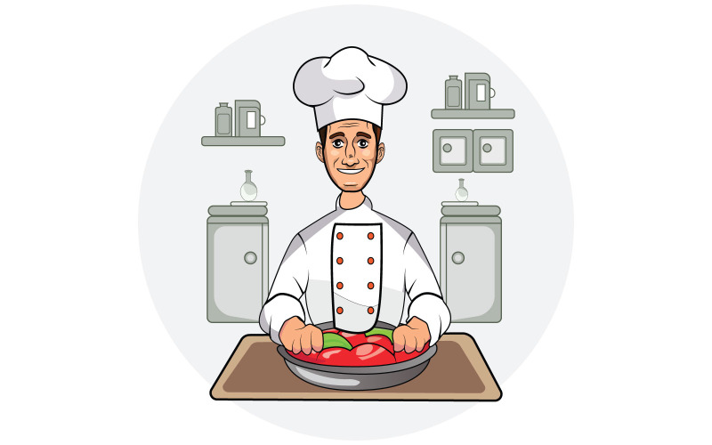 Hombre feliz cocinando en la ilustración de vector de cocina