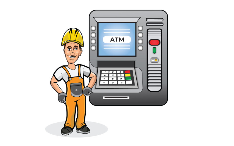 L'uomo felice preleva denaro dall'illustrazione vettoriale del bancomat