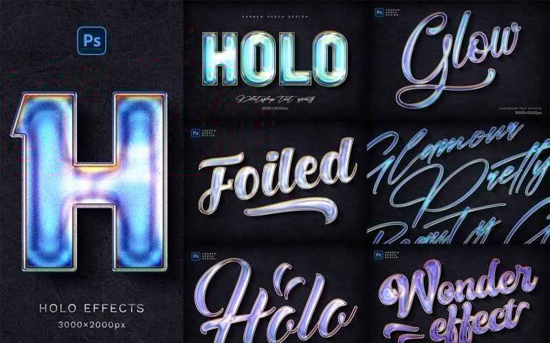 Голографические текстовые эффекты, шаблоны Photoshop