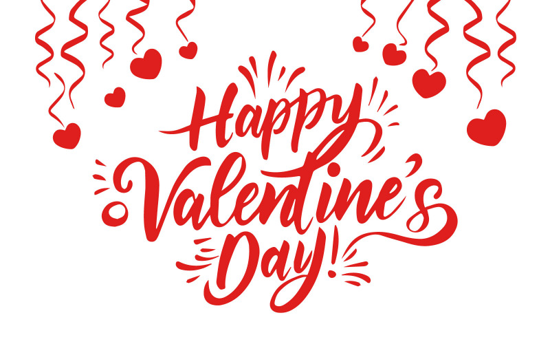 Gratis happy Valentijnsdag rode kalligrafie op witte achtergrond met hartvormen