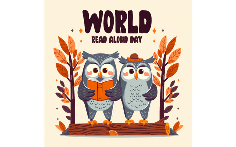 Día Mundial de la Lectura en Voz Alta con Simpáticos Personajes de Búho Ilustración