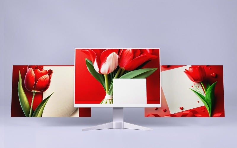 Collection Of 3 Red Tulip Flower With A White Card On A Red Smooth Background Valentine Illustration