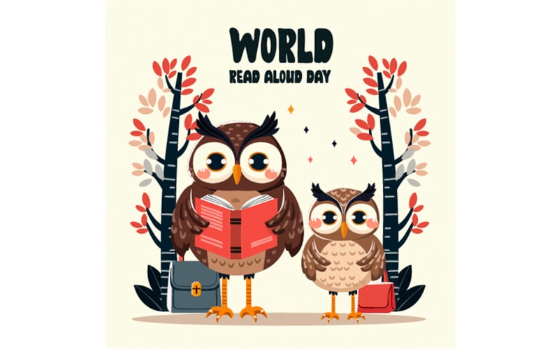 Dia Mundial da Leitura em Voz Alta com uma Coruja Bonita Segurando um Livro ilustração