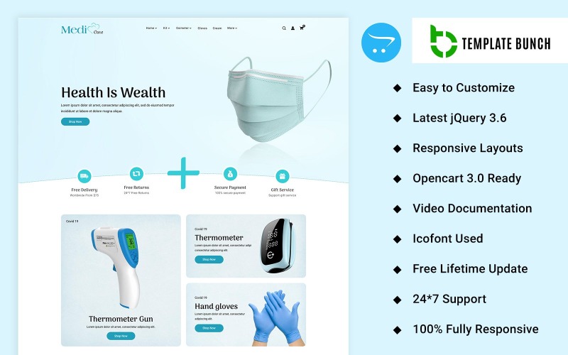 Medi Care - 用于电子商务网站设计的 OpenCart 主题和网站模板