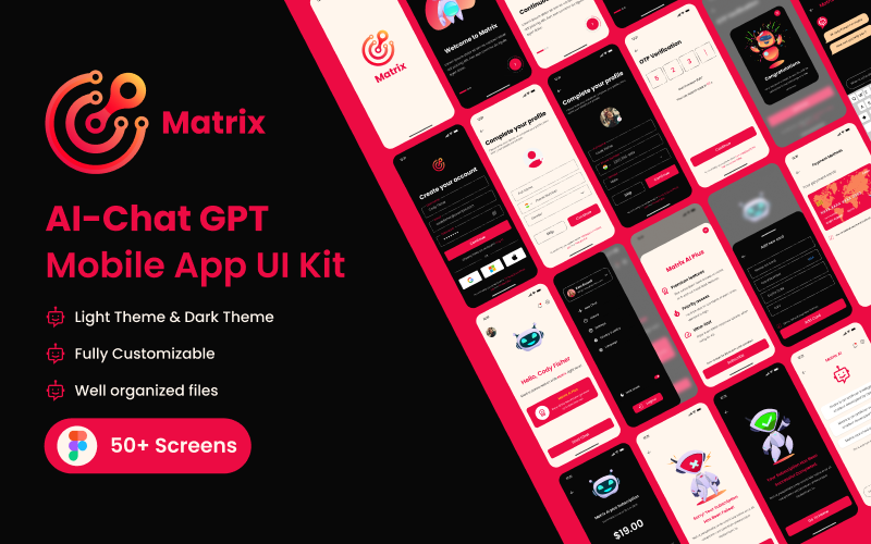 Modèle Figma du kit d'interface utilisateur de l'application mobile Matrix Chatbot GPT