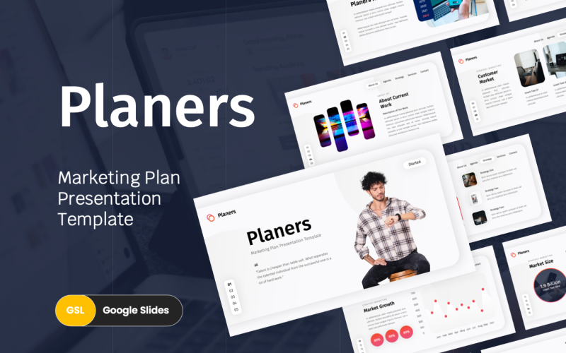 Modello di Presentazioni Google per piano di marketing di pialle