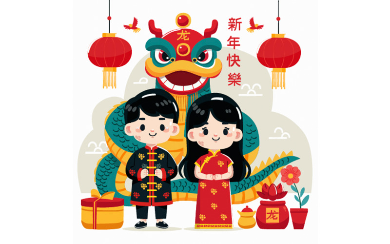 Geleneksel Custome İllüstrasyonlu Çin Yeni Yılı