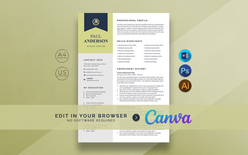 Modelo de currículo Canva do inspetor de construção
