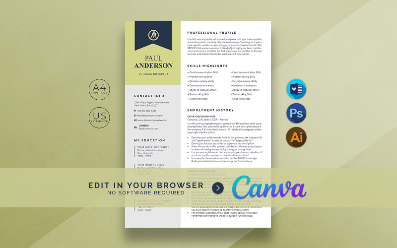 Plantilla de currículum Canva de inspector de edificios