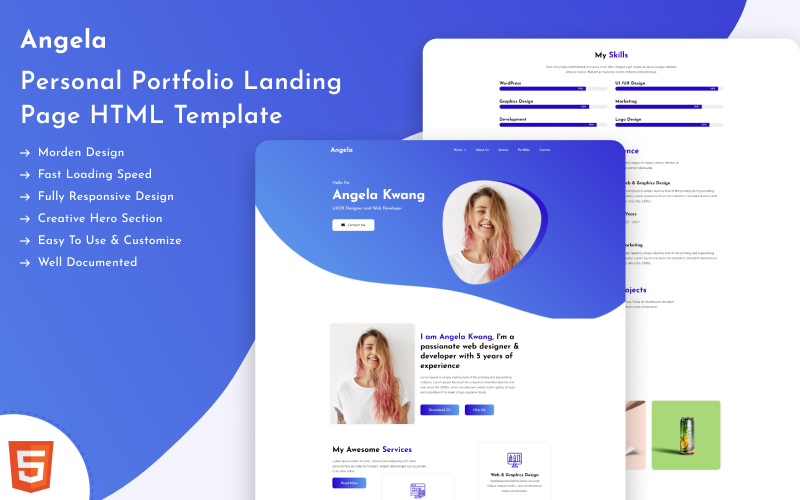 Angela - Nowa osobista strona docelowa witryny HTML portfolio