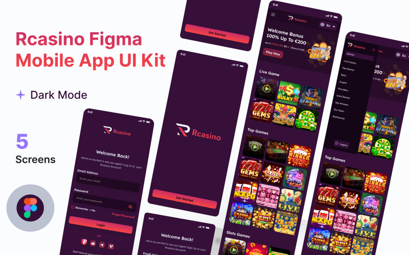 Rcasino - casino Mobiele Figma App UI Kit-sjablonen