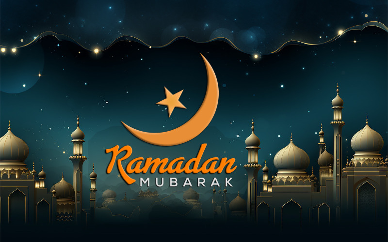 Design Ramadan Mubarak con sfondo moschea di notte | Design Ramadan Mubarak | festa islamica