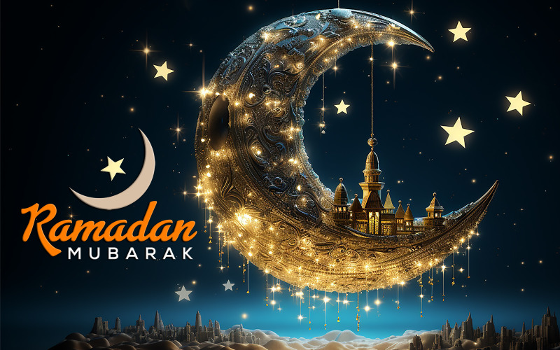 Saludo de Ramadán | Bandera de Ramadán | ramadán mubarak con la luna | Diseño de Ramadán Mubarak.