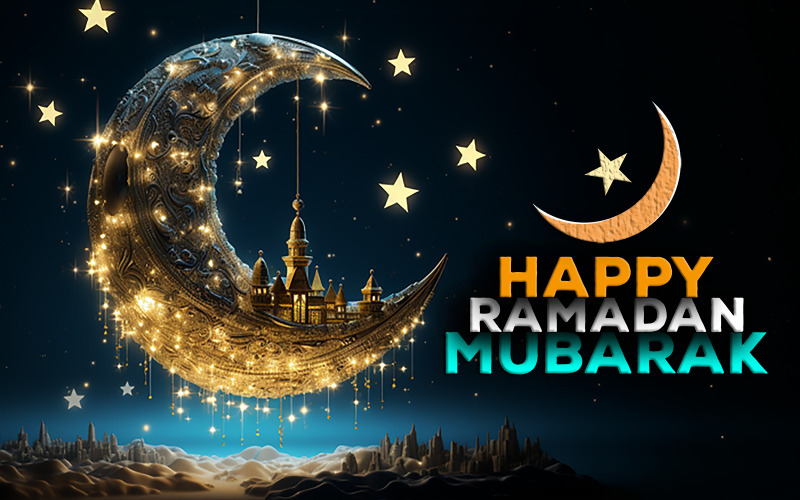 Saudação do Ramadã | feliz Ramadã Mubarak | Ramadã Mubarak com cidade da lua | Bandeira do Ramadã
