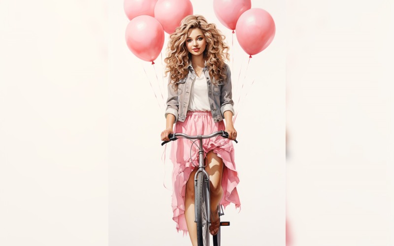 Chica en bicicleta con globo rosa celebrando el día de San Valentín 09