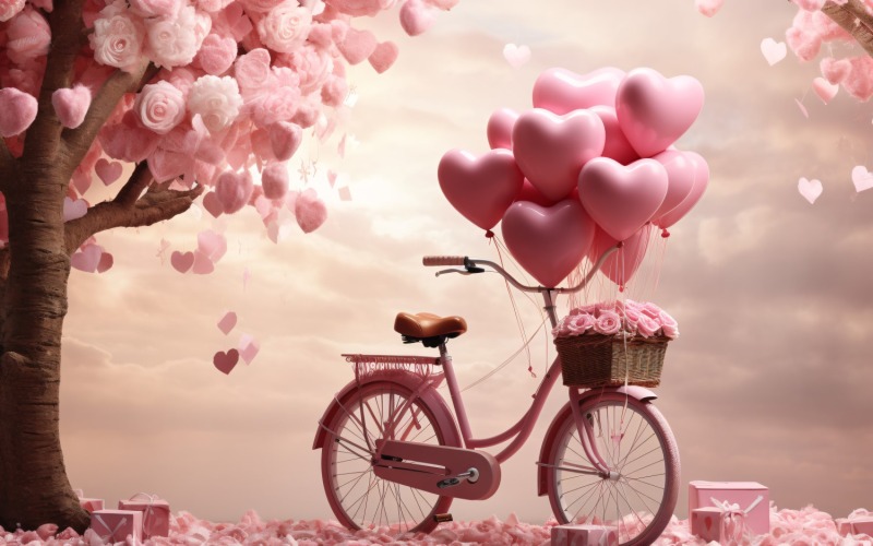 Cykla med rosa ballong dekorerad för alla hjärtans dag 03